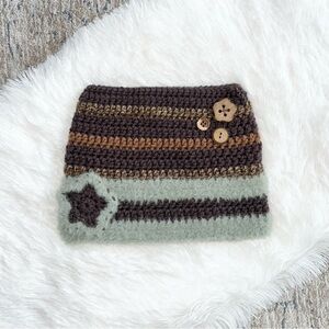 NWT Handmade Striped Crochet Beanie with Star and Buttons Twee